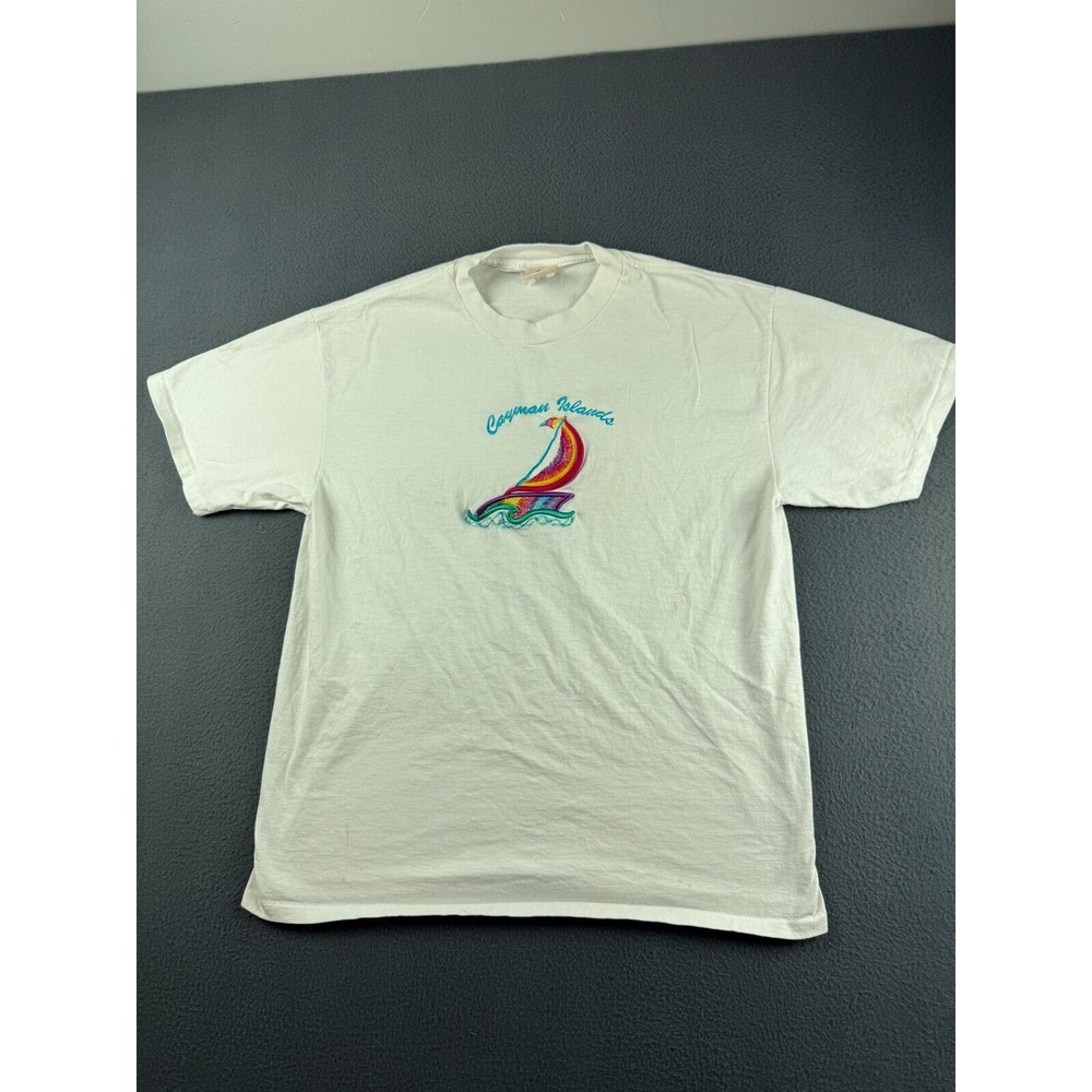 Vintage Cayman Islands T Shirt Mens XL White Single Stitch Sail Boat Embroidered